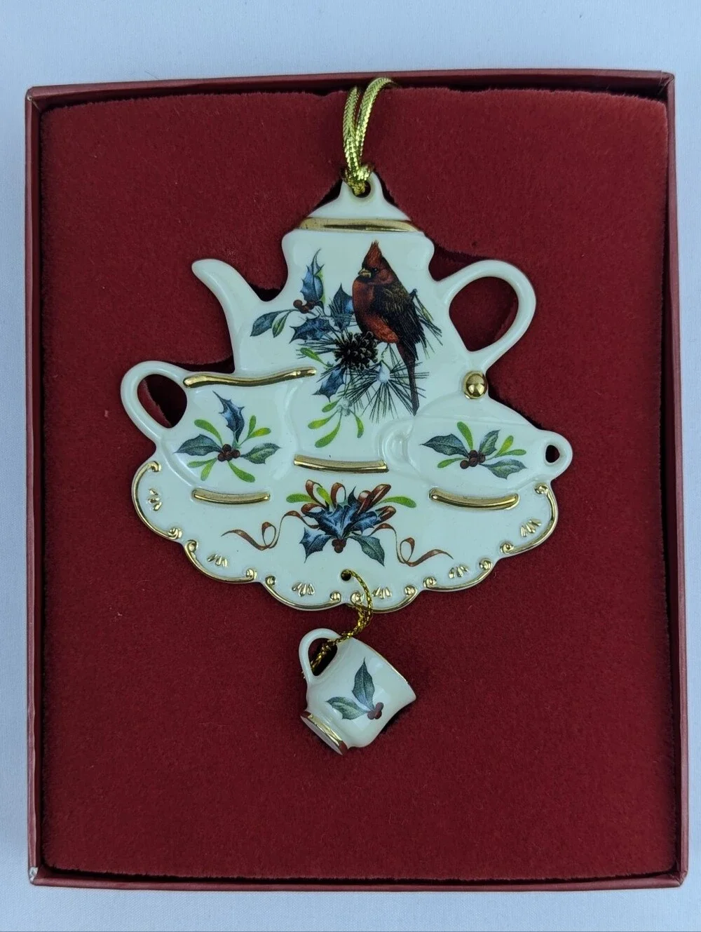 Lenox Cardinal On Pine Boughs & Holly Tea Theme Holiday Christmas Ornament